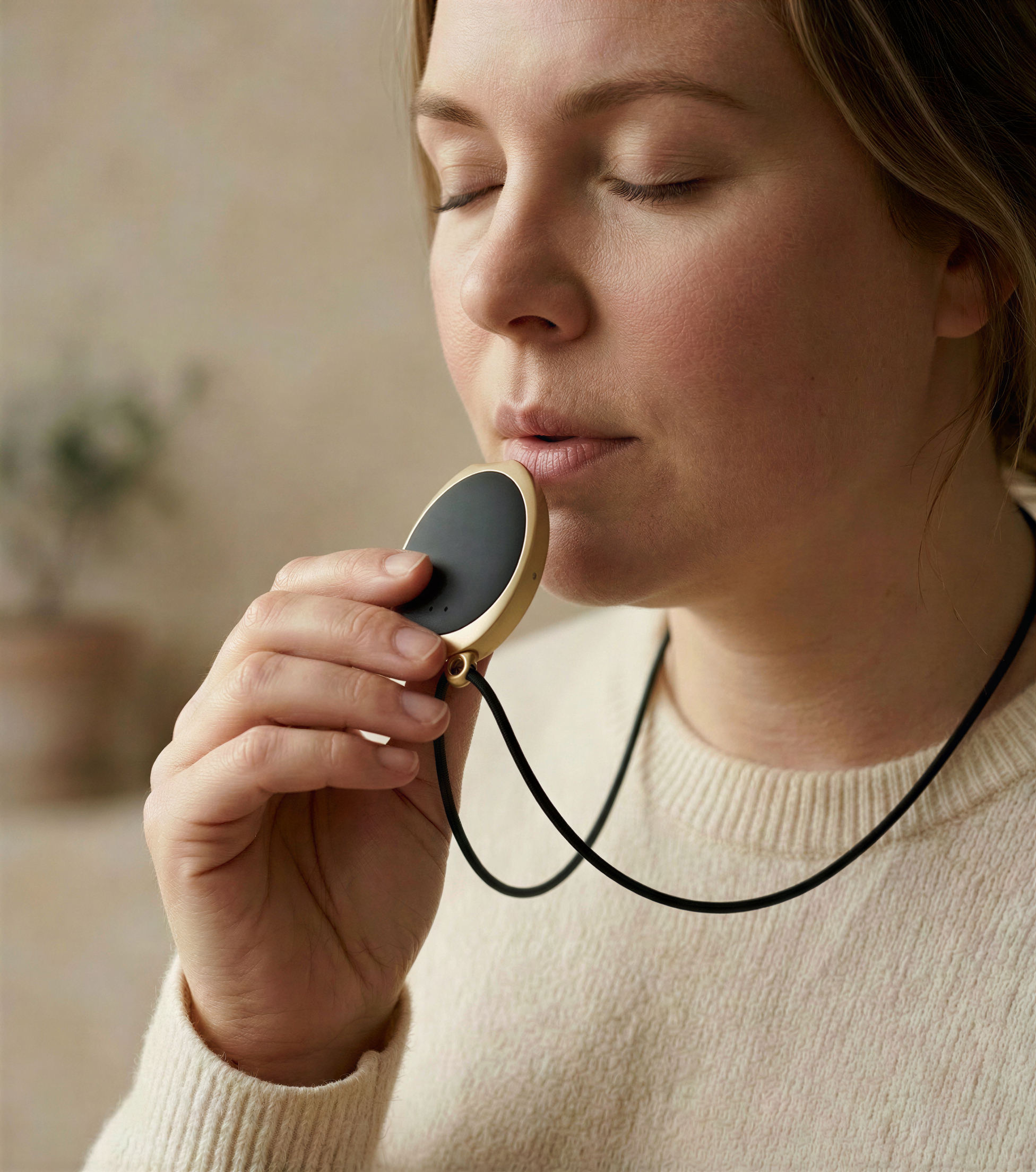 Person breathing into Breathome device