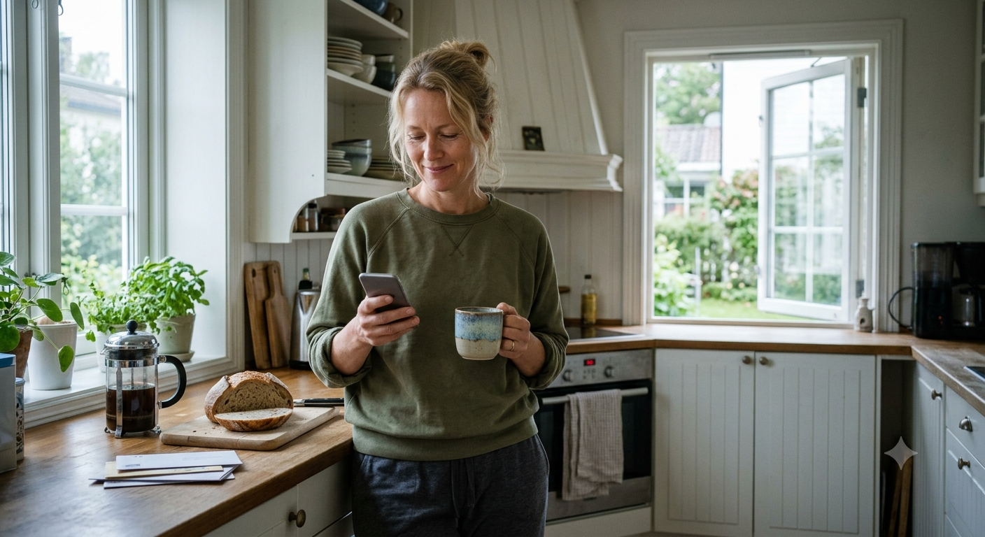 Woman in her 40s checking her phone in a morning kitchen